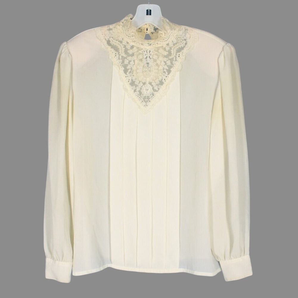 VTG SUSAN HUTTON Thin CREPE Ivory SHEER LACE High Neck VICTORIAN BLOUSE/TOP 10